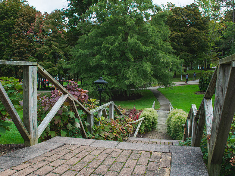 A wooden bridge connects two paths on campus.